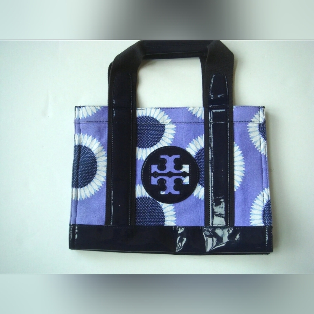 Tory Burch Designer Ella Sunflower Floral Purple and Navy Women's Tote Purse Bag